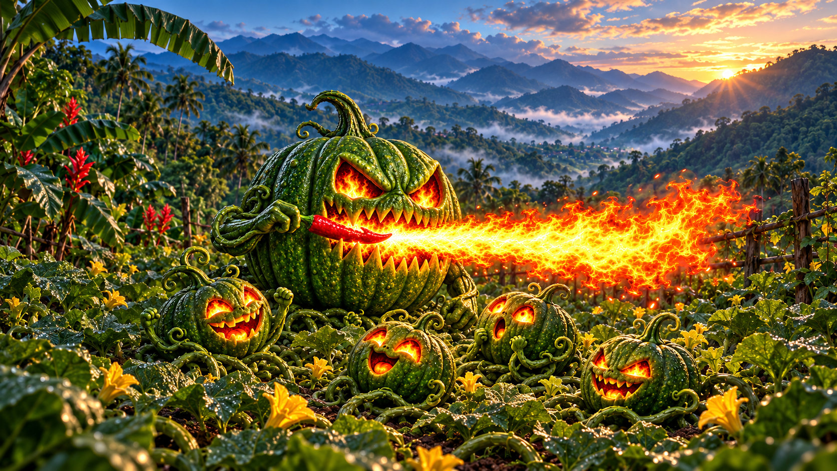 A giant fiery pumpkin surrounded by smaller pumpkins in a Jamaican mountain landscape