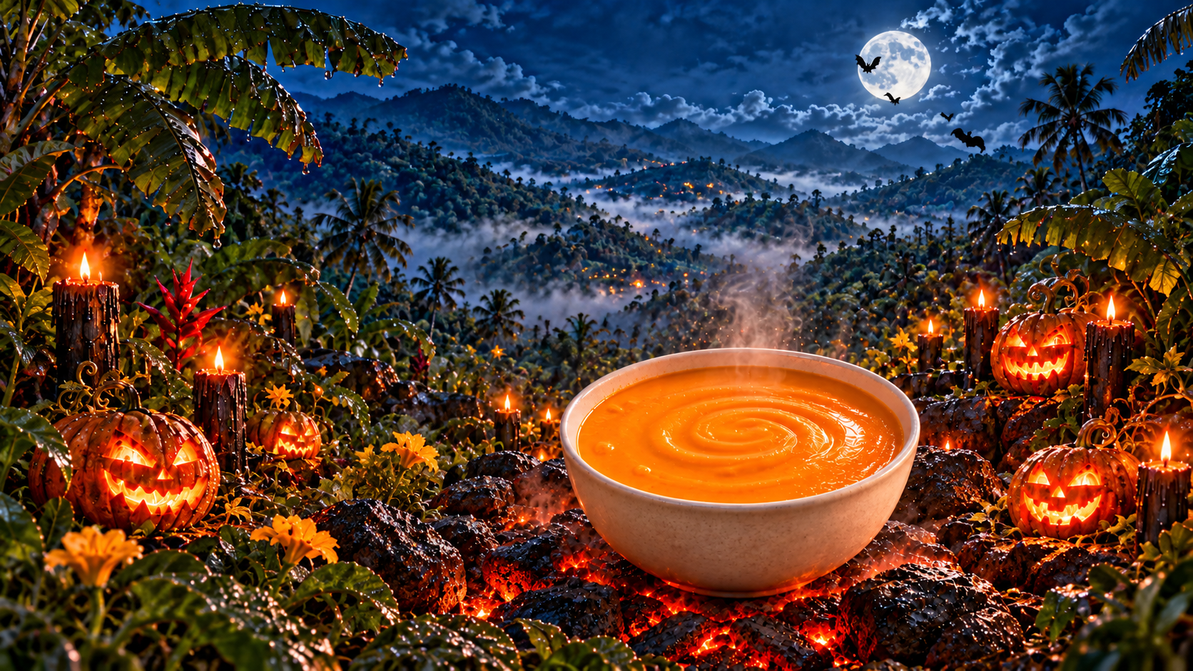 Cream of pumpkin soup against a moonlit Jamaican mountain scene