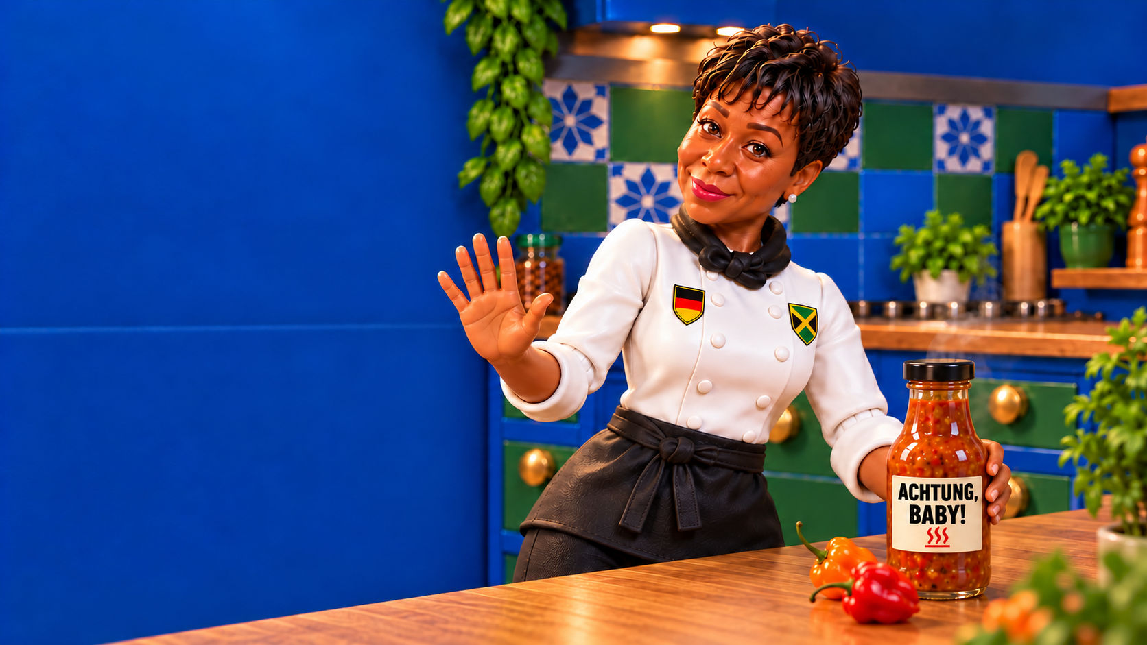 Barbara raises an open palm beside the Achtung, Baby! hot-sauce bottle in her toy kitchen